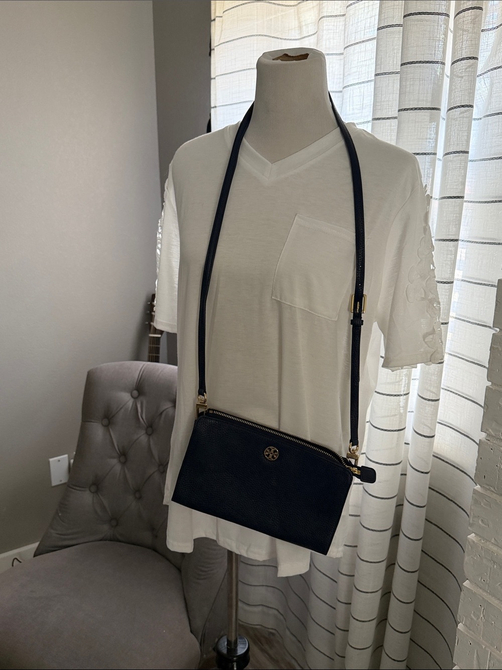 Tory Burch Navy Pebbled Leather Crossbody with Gold Hardware